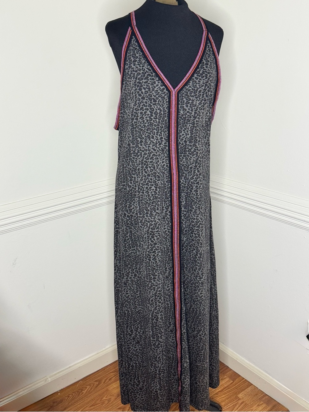 Pitusa Gray Cheetah -Print Maxi Dress with Red Trim